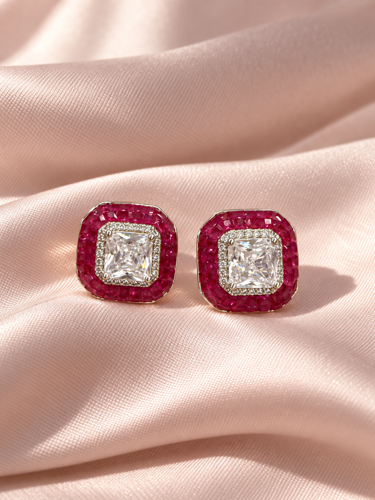 Raspberry cushion crystal stud earrings with brilliant clear centre stones