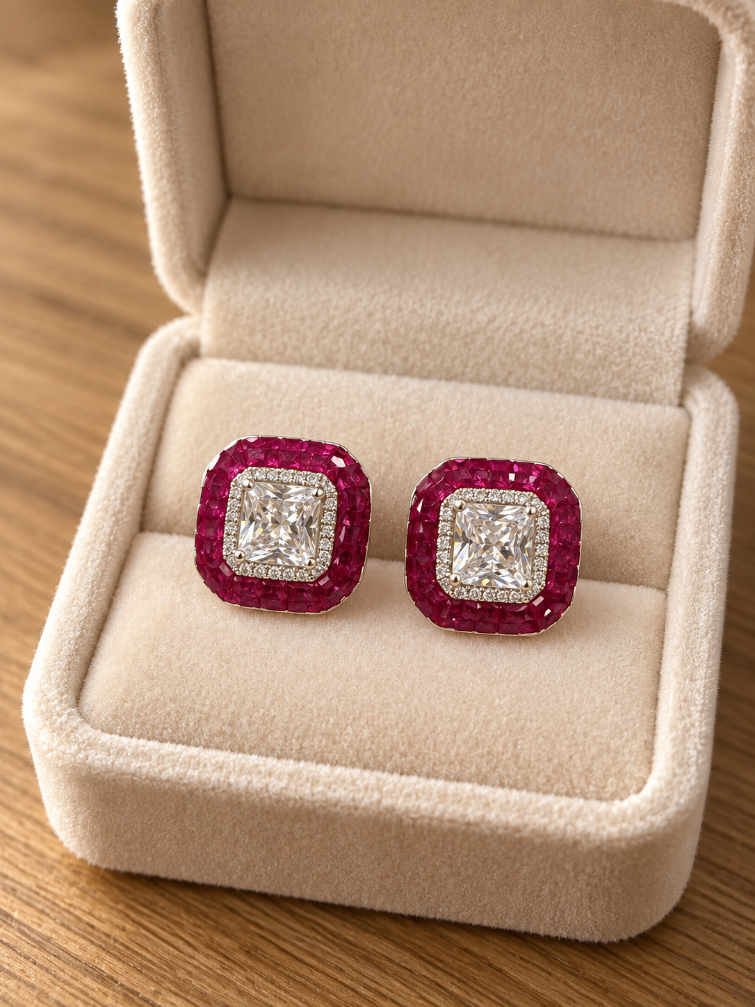 Raspberry Radiance Cushion-Cut Crystal Stud Earrings - Image 2