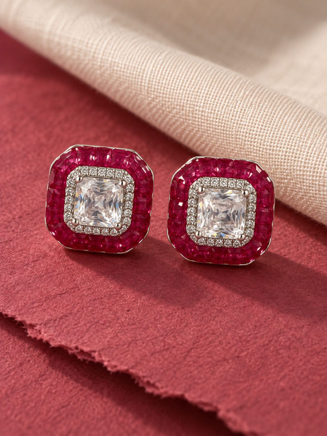 Raspberry Radiance Cushion-Cut Crystal Stud Earrings - Image 3