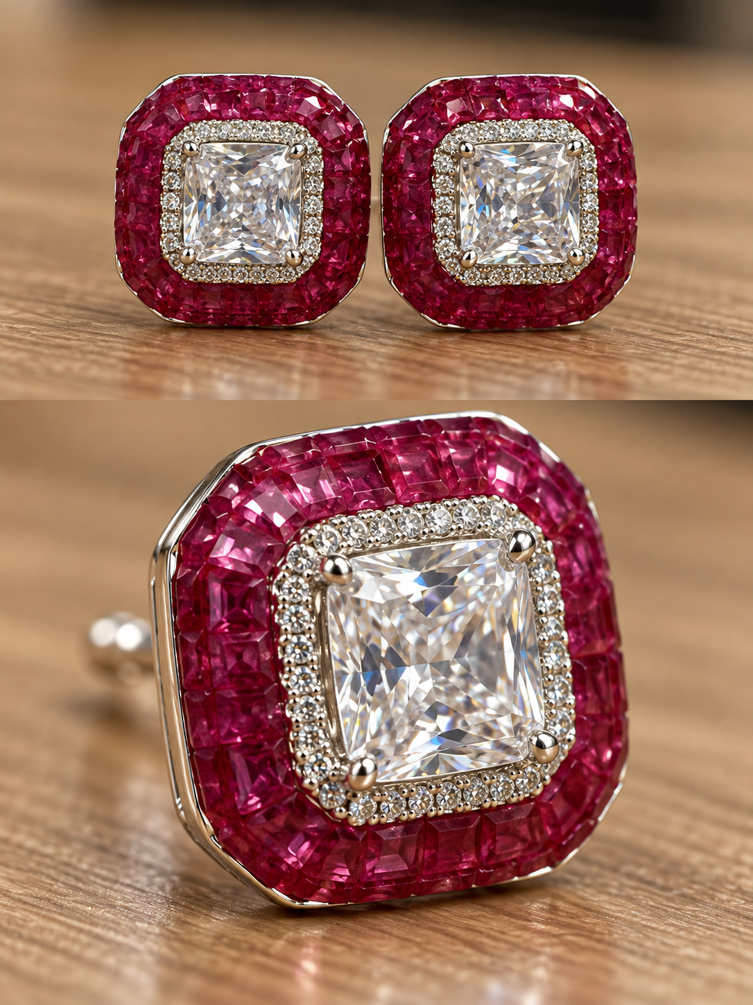 Raspberry Radiance Cushion-Cut Crystal Stud Earrings - Image 4