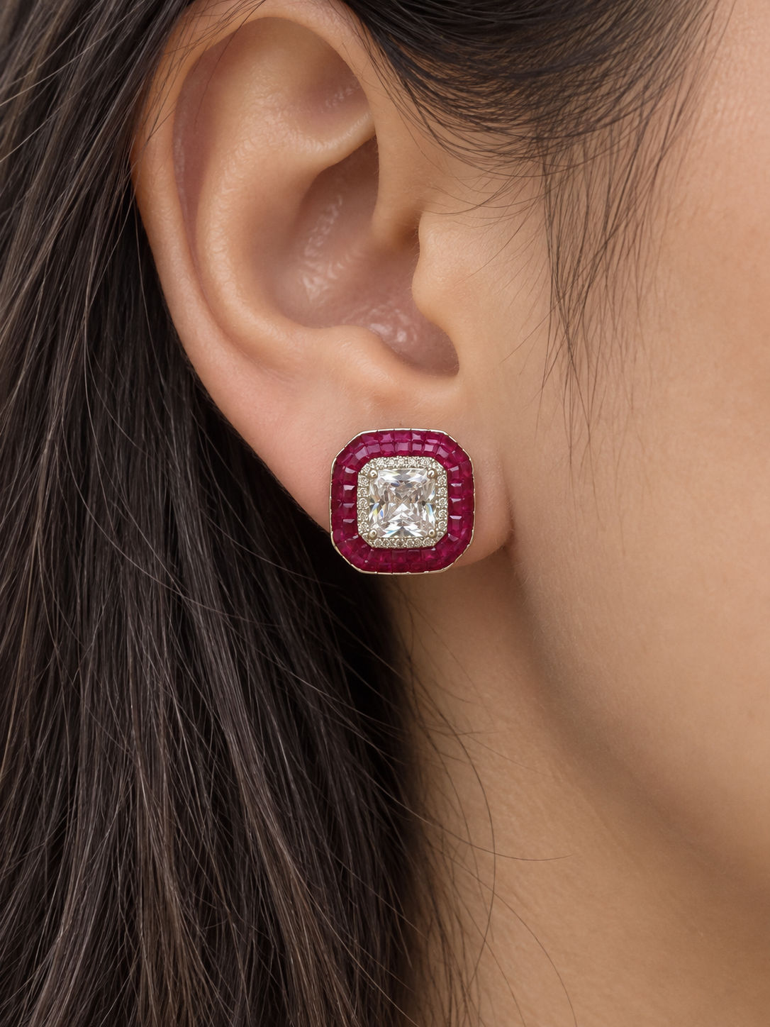 Raspberry Radiance Cushion-Cut Crystal Stud Earrings - Image 5