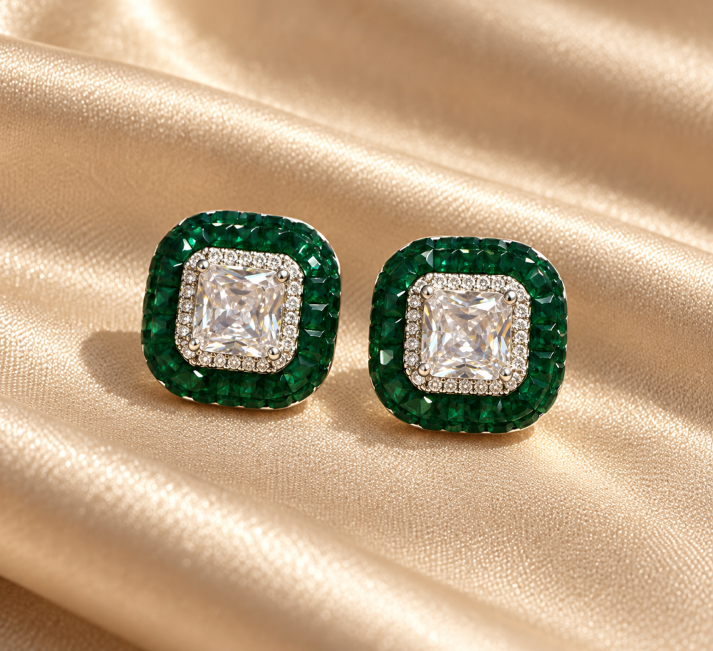 Emerald cushion crystal stud earrings with brilliant clear centre stones