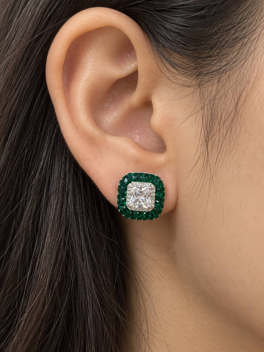 Emerald Majesty Cushion-Cut Crystal Stud Earrings - Image 2
