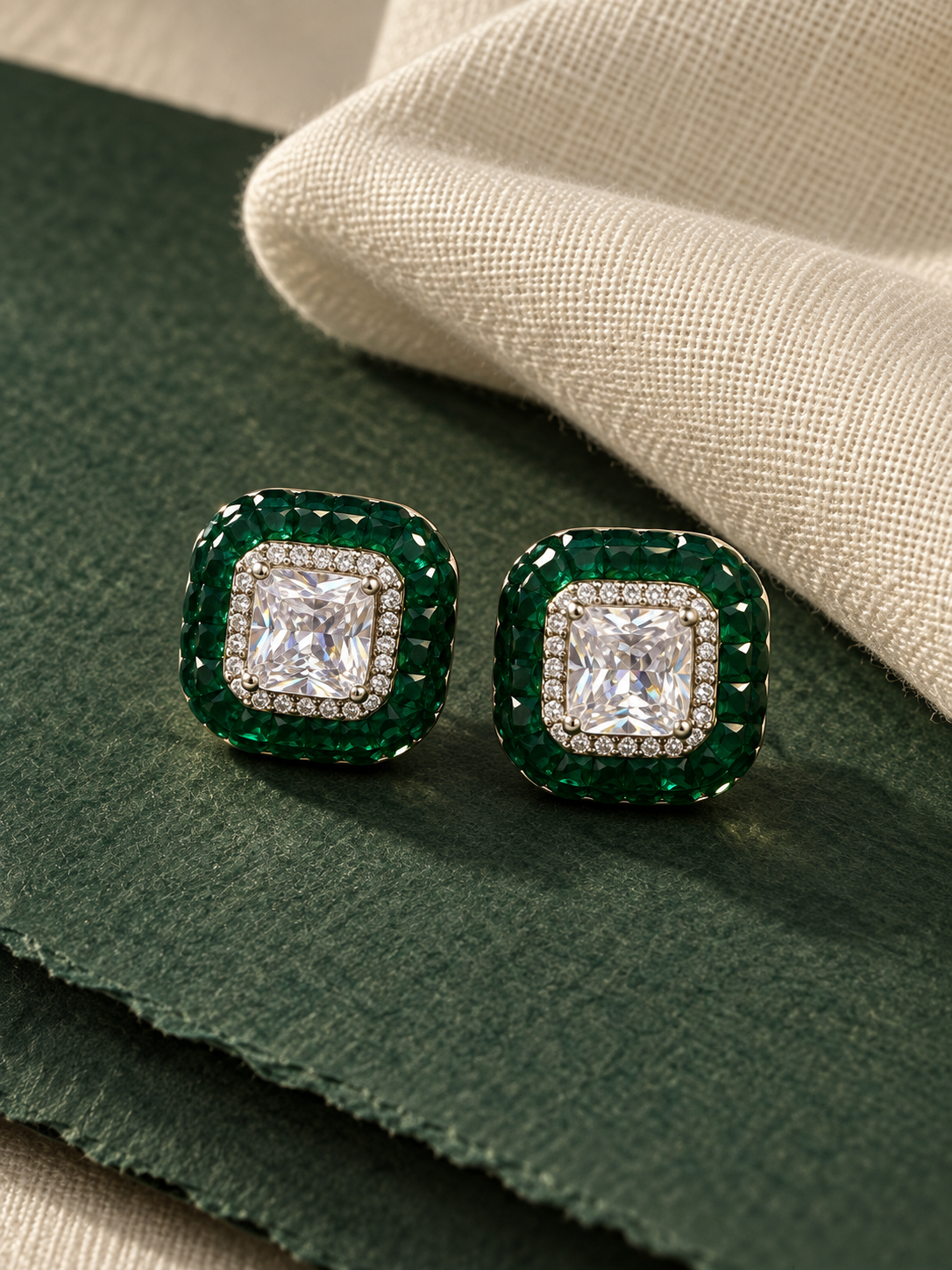 Emerald Majesty Cushion-Cut Crystal Stud Earrings - Image 3