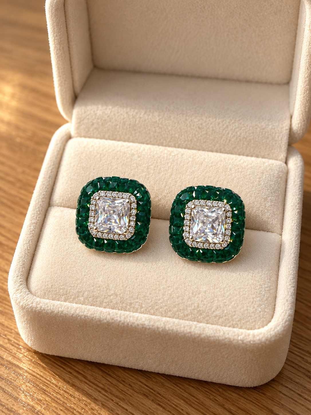 Emerald Majesty Cushion-Cut Crystal Stud Earrings - Image 4